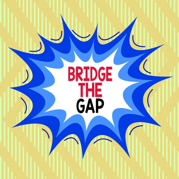 Znak tekstowy pokazujący Bridge The Gap. Zdjęcie koncepcyjne Pokonaj przeszkody Wyzwanie Odwaga Wzmocnienie Asymetryczne nierównomierne kształty szablonu obiektu zarys wielobarwny. — Zdjęcie stockowe