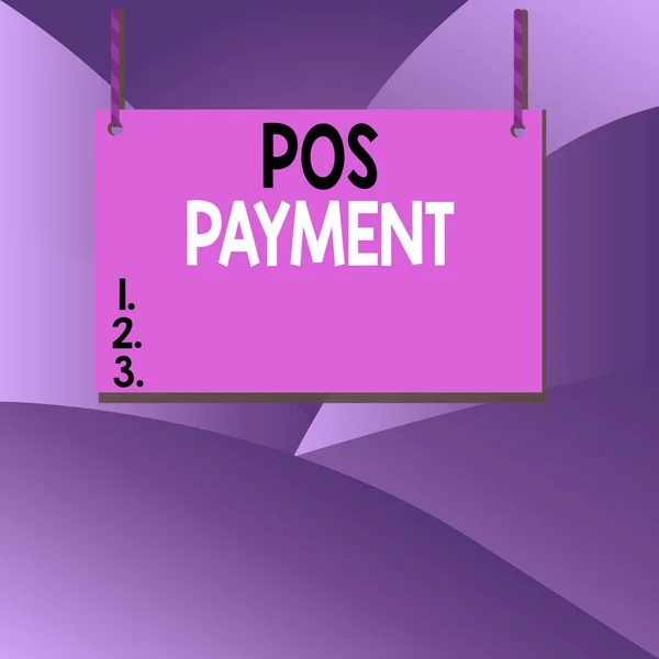 Handwriting text writing Pos Payment. Concept meaning customer tenders payment in exchange for goods and services Wooden board wood rectangle shape empty frame fixed colorful striped string.