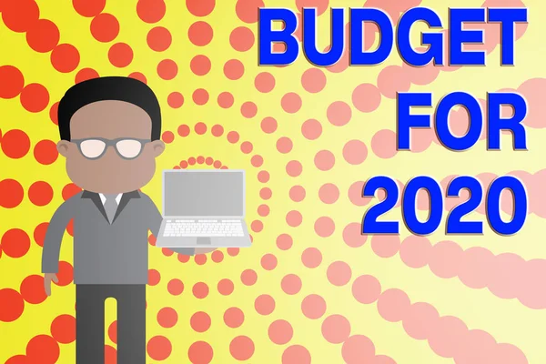 Концептуальний почерк, що показує бюджет на 2020 рік. Бізнес-фото показує Письмові оцінки доходів і витрат на 2020 рік Людина в костюмі в окулярах, що тримає відкритий ноутбук фото Мистецтво . — стокове фото