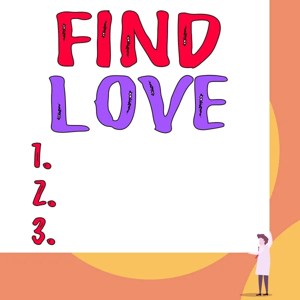 Konceptualne pismo "Find Love". Biznes zdjęcia pokazujące uczucie do innego wynikającego z pokrewieństwa lub demonstracyjne więzi Młoda kobieta trzyma dwie ręce prostokąt duży prostokąt. — Zdjęcie stockowe