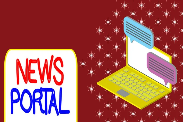 Konceptuell handstil som visar News Portal. Affärsfoto visa upp utformad webbplats som ger information från olika källor Bärbar dator som tar emot skicka information internet trådlöst. — Stockfoto