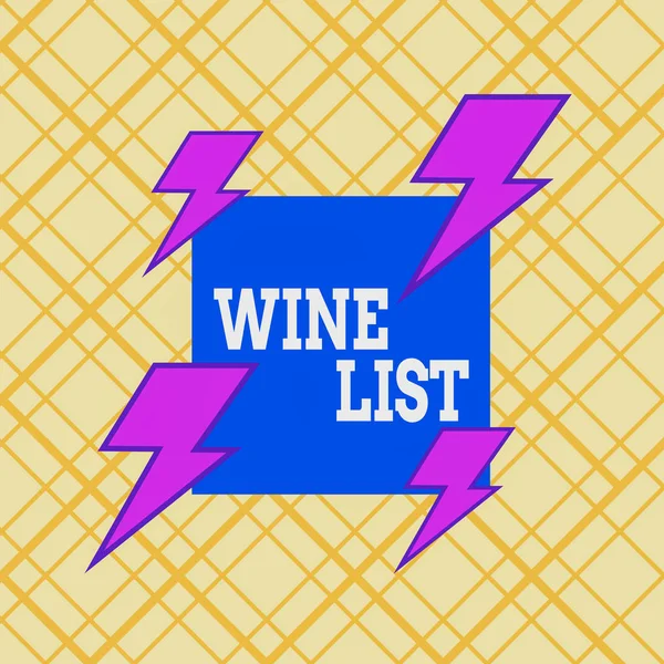 Writing note showing Wine List. Business photo showcasing menu of wine selections for purchase typically in a restaurant Asymmetrical format pattern object outline multicolor design.