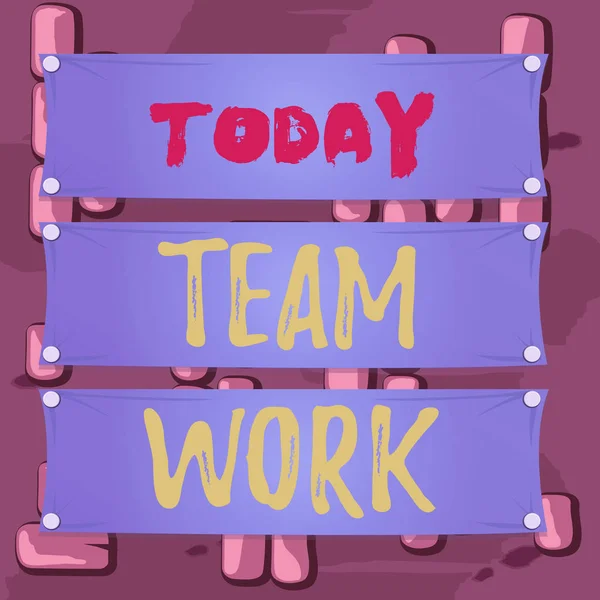 Word writing text Team Work. Business concept for Combined action of a group Workgroup cooperation collaboration Wooden panel attached nail colorful background rectangle lumber plank wood.