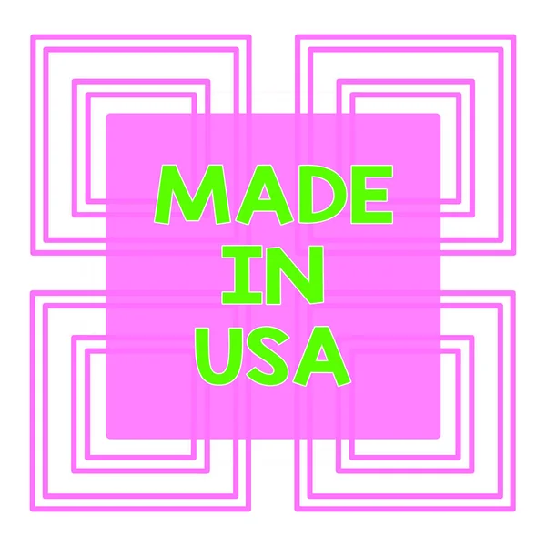 Scrittura concettuale a mano che mostra Made In Usa. Business photo text Marchio americano Stati Uniti Prodotto locale fabbricato Ripetizione di forma geometrica Quattro quadrati su bianco isolato . — Foto Stock