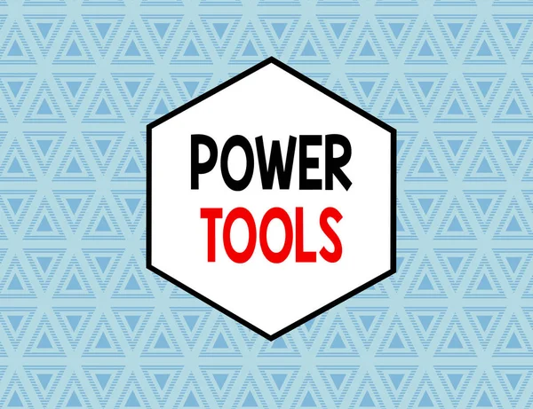 Textová značka zobrazující Power Tools. Koncepční fotografický nástroj, který je ovládán dodatečným zdrojem energie a mechanismem Bezproblémový model střídavých rovných a horních modrých trojúhelníků v přímce. — Stock fotografie
