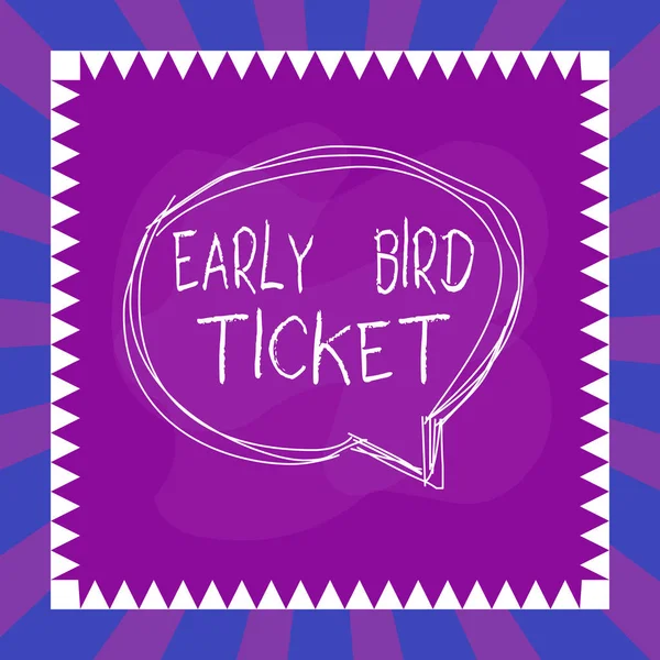 Word writing text Early Bird Ticket. Business concept for Buying a ticket before it go out for sale in regular price Speaking bubble inside asymmetrical shaped object outline multicolor design.