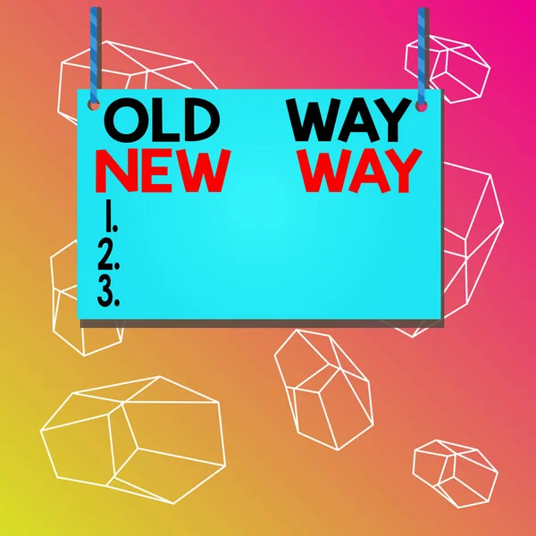 Word writing text Old Way New Way. Business concept for The different way to fulfill the desired purposes Wooden board wood rectangle shape empty frame fixed colorful striped string. — Stockfoto