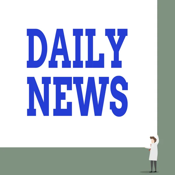 Sms 'je met Daily News. Conceptuele foto informatie of rapporten over recente gebeurtenissen dagelijks gepubliceerd Front view jonge vrouw met twee handen rechts hoek grote lege rechthoek. — Stockfoto