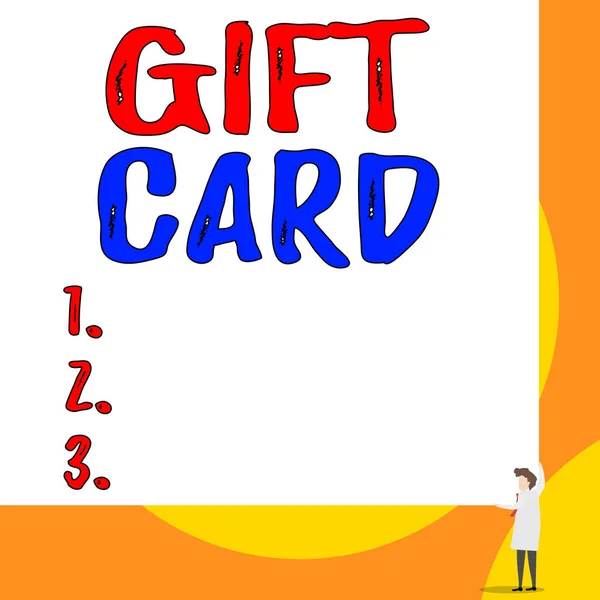 Scrittura concettuale a mano che mostra Gift Card. Business photo showcase Un regalo di solito fatto di carta che contiene il tuo messaggio Giovane donna che tiene due mani all'angolo destro grande rettangolo . — Foto Stock