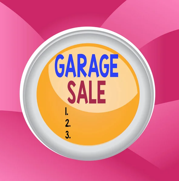 Handwriting text Garage Sale. Concept meaning sale of miscellaneous household goods often held in the garage Circle button colored sphere switch center background middle round shaped. — ストック写真
