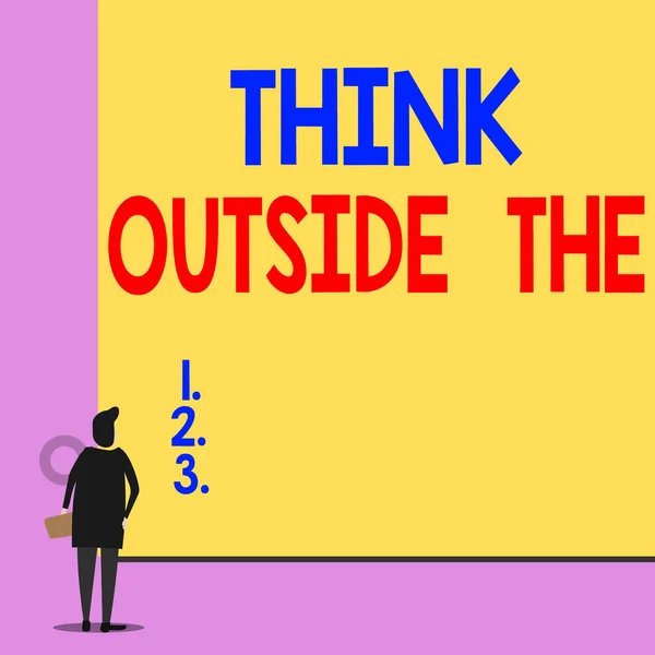 Text sign showing Think Outside The. Conceptual photo Creative Thinking Looking in different perspective Back view young woman watching blank big rectangle. Geometrical background.