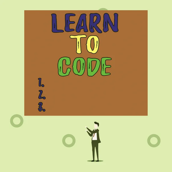 문자를 쓰는 것은 코드를 배우는 것입니다. 소프트웨어를 작성하는 법을 배우는 비즈니스 개념 컴퓨터 프로그래머가 될 수있는 외로운 뷰젊은 사람 두 손큰 사각형 위를 가리키는. — 스톡 사진
