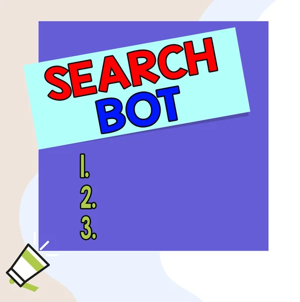 Ordskrivning text Search Bot. Affärsidé för ett program som kör automatiserade uppgifter över Internet eller nätverk Tala trumpet på vänster botten och papper bifogas rektangel bakgrund. — Stockfoto
