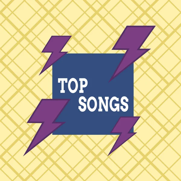 Writing note showing Top Songs. Business photo showcasing recorded song that becomes broadly popular or wellknown Asymmetrical format pattern object outline multicolor design.