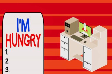 Text sign showing I M Hungry. Conceptual photo having a strong wish or desire for something to put on stomach Working desktop station drawers personal computer launching rocket clouds.