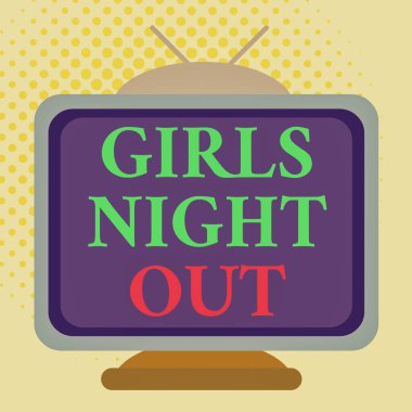 Kelime yazmak Kızlar Gecesi. Modern çağ meydanındaki kızlara iş dünyası ve serbest zihniyet kavramı, eski renkli televizyon resimli ahşap tasarım tablosunu dikdörtgen haline getiriyor..