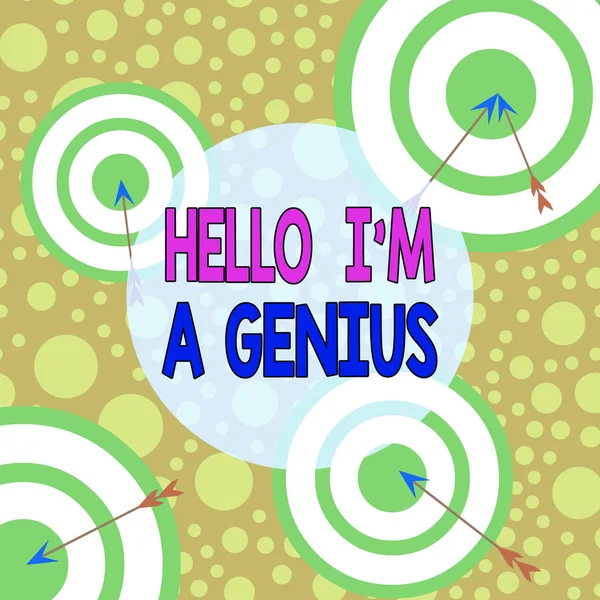 Text sign showing Hello I 'm A Genius. Концептуальная фотография Представьтесь, как в среднем демонстрируя другим Стрела и круглые цели внутри асимметричной формы объекта многоцветный дизайн . — стоковое фото