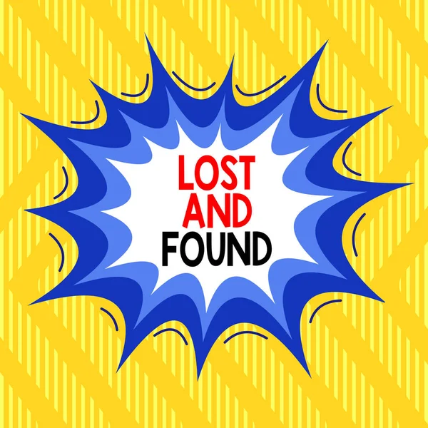 Text sign showing Lost And Found. Conceptual photo Place where you can find forgotten things Search service Asymmetrical uneven shaped format pattern object outline multicolour design.