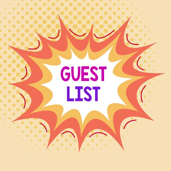 Word writing text Guest List. Business concept for a list of showing who are allowed to enter the show or an event Asymmetrical uneven shaped format pattern object outline multicolour design. — Stock Photo, Image