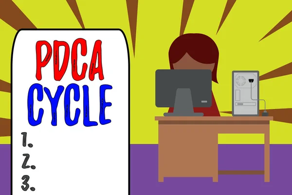 Handwriting text Pdca Cycle. Concept meaning use to control and continue improve the processes and products Young female working office sitting desktop computer office monitor photo. — Stockfoto