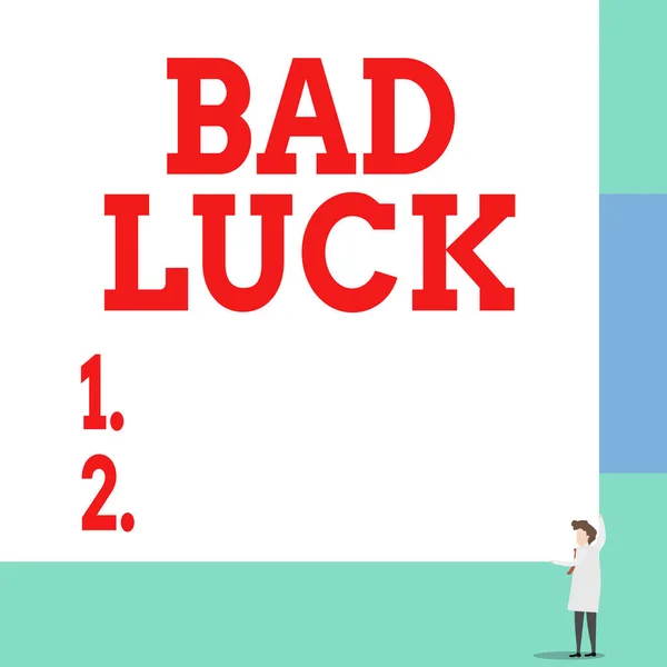 Text sign showing Bad Luck. Conceptual photo an unfortunate state resulting from unfavorable outcomes Mischance Front view young woman holding two hands right corner big blank rectangle.