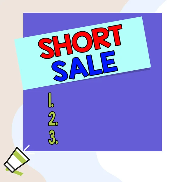 Word writing text Short Sale. Business concept for Home that is offered at a price that is less than the amount owed Speaking trumpet on left bottom and paper attached to rectangle background.