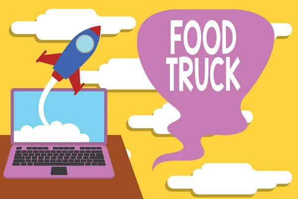 Handwriting text Food Truck. Concept meaning a large vehicle with facilities for cooking and selling food Successful rocket launching clouds out laptop background. Startup growing. — Stock Photo, Image