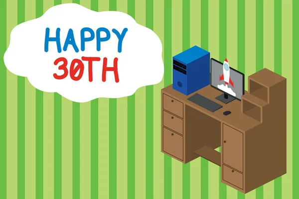 Tekst pisma Happy 30th. Koncepcja oznacza radosną okazję do specjalnego wydarzenia z okazji 30-lecia pracy pulpitu szuflady komputery osobiste uruchomienie chmury rakietowe. — Zdjęcie stockowe