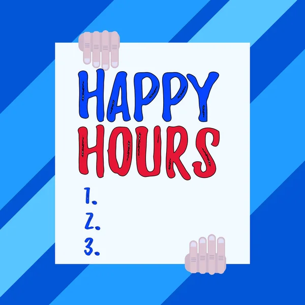 Conceptual hand writing showing Happy Hours. Business photo showcasing when drinks are sold at reduced prices in a bar or restaurant Two hands holding big blank rectangle up down design.