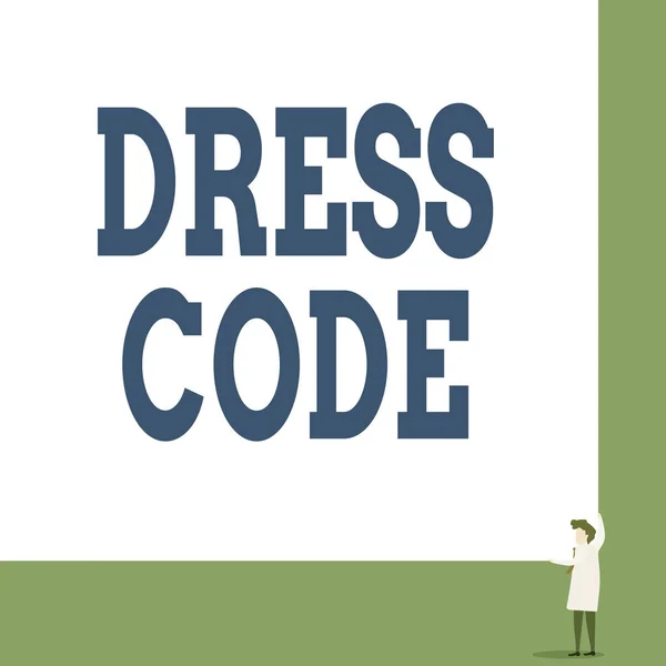 Text sign showing Dress Code. Conceptual photo an accepted way of dressing for a particular occasion or group Front view young woman holding two hands right corner big blank rectangle.