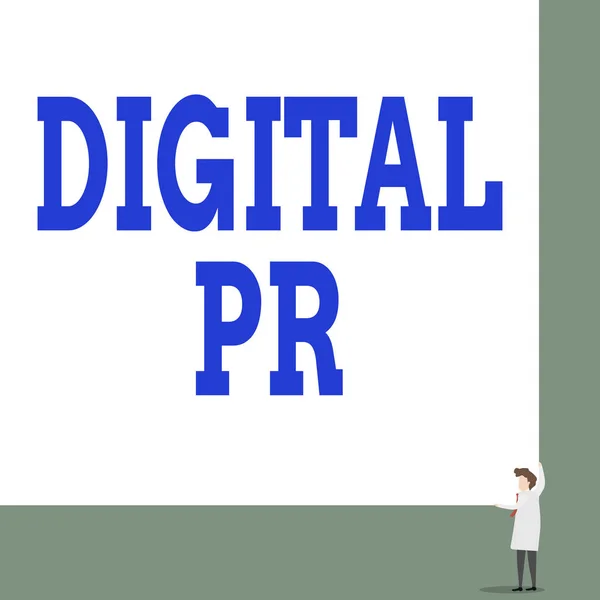 Tekstbord met Digital Pr. Conceptuele foto marketing strategie gebruikt om hun online aanwezigheid te verhogen Vooraanzicht jonge vrouw met twee handen rechts hoek grote lege rechthoek. — Stockfoto