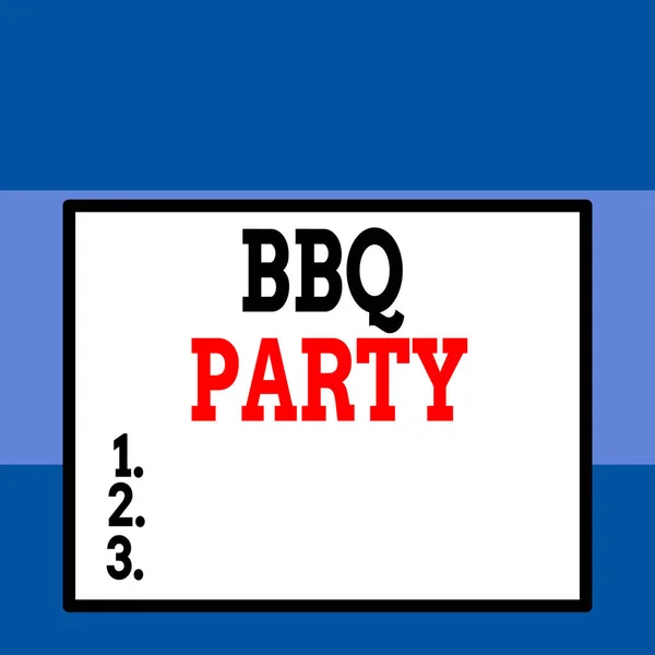 Conceptueel handschrift met Bbq Party. Zakelijke foto tekst meestal buiten gedaan door het roken van vlees over hout of houtskool Close up bekijk grote lege rechthoek abstracte geometrische achtergrond. — Stockfoto