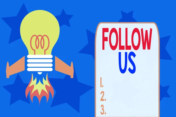 Writing note showing Follow Us. Business photo showcasing To invite a demonstrating or group to join his company and take rules Top view launching bulb rocket fire base Project Fuel idea.