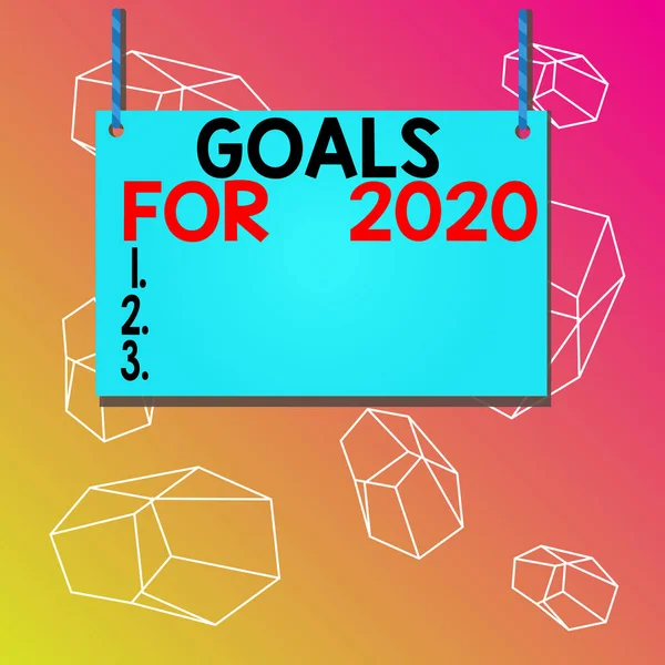 Word writing text Goals For 2020. Επιχειρηματική ιδέα για τα ακόλουθα πράγματα που θέλετε να έχετε και να επιτύχετε το 2020 Ξύλινο ξύλο ορθογώνιο σχήμα κενό πλαίσιο σταθερό πολύχρωμο ριγέ κορδόνι. — Φωτογραφία Αρχείου