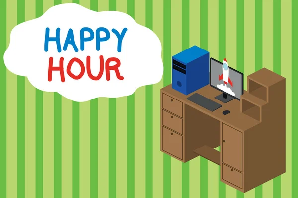 Handstil text skriva Happy Hour. Begreppet innebär att när drycker säljs till reducerat pris i en bar eller restaurang Arbetsbord station lådor persondator sjösättning raket moln. — Stockfoto