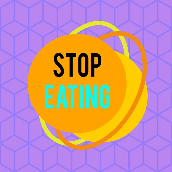 Koncepcionális kézírás a Stop Eating-ről. Üzleti fotó szöveg megszűnik a tevékenység üzembe vagy figyelembe élelmiszer a szájba aszimmetrikus formátum minta objektum körvonalazódik többszínű design. — Stock Fotó