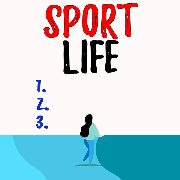 Konceptuell handstil som visar Sport Life. Business photo text Fond av sport eller andra utomhusaktiviteter Fysiskt aktiv Tillbaka visa unga långt hår kvinna innehar tomt fyrkantiga tillkännagivande. — Stockfoto