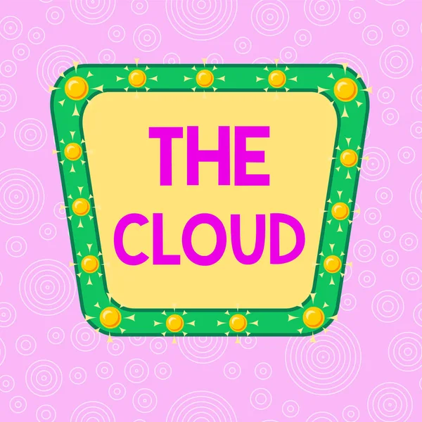 Handstil text skriva The Cloud. Begreppet betyder Program som används i lagring Tillgång till data över internet Asymmetrisk ojämn format mönster objekt skissera flerfärgad design. — Stockfoto