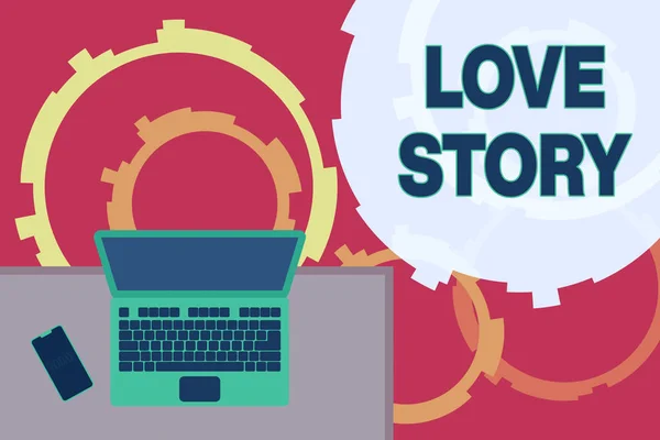 Schrijfbriefje met Love Story. Zakelijke foto presentatie het is iets zoals een roman of film over een liefdesrelatie Office werkplek laptop liggend houten bureau smartphone. — Stockfoto