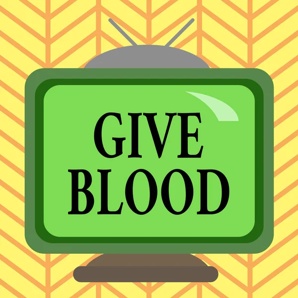 Ordskrivning text Ge blod. Affärsidé för att demonstrera frivilligt har blod dras och används för transfusioner Square rektangel gamla flerfärgad målning TV bild trä design. — Stockfoto