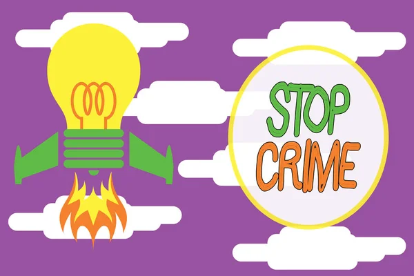 Scrittura concettuale a mano che mostra Stop Crime. Foto aziendale in mostra lo sforzo o il tentativo di ridurre e scoraggiare il crimine e criminali Vista dall'alto lancio lampadina razzo base Progetto Fuel idea . — Foto Stock