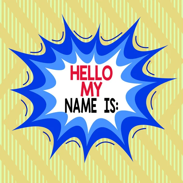 Signo de texto que muestra Hello My Name Is. Foto conceptual Presentándose a los demás Usted quiere mostrar a llamarle asimétrico desigual formato patrón objeto contorno multicolor diseño . — Foto de Stock