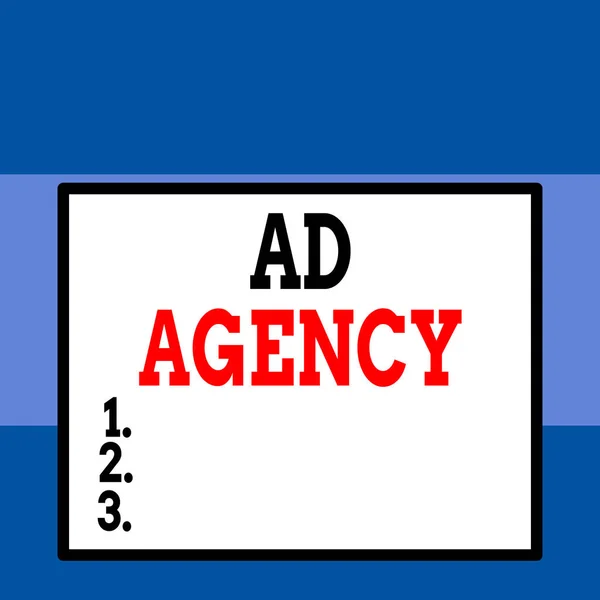 Conceptual hand writing showing Ad Agency. Business photo text business dedicated to creating planning and handling advertising Close up view big blank rectangle abstract geometrical background.