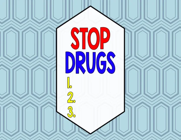 Escritura de mano conceptual mostrando Stop Drugs. La exposición de fotos de negocios puso fin a la dependencia de sustancias como la heroína o la cocaína Seamless Hexagon Tiles in Line Perspective Profundidad . — Foto de Stock