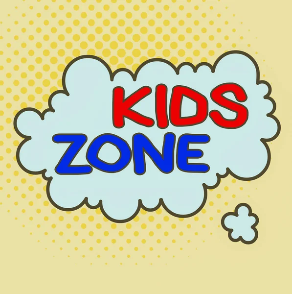 Tekst do pisania słów Kids Zone. Koncepcja biznesowa dla obszaru lub regionu zaprojektowanego tak, aby umożliwić dzieciom zabawę i cieszyć się asymetrycznym nierównomiernym wzorem kształtu obiektu w kształcie zarysu wielobarwnego. — Zdjęcie stockowe