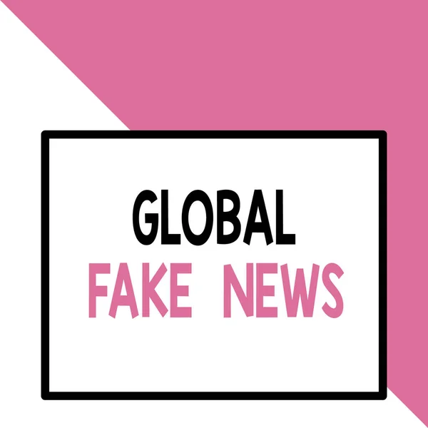 Text sign showing Global Fake News. Conceptual photo False information Journalism Lies Disinformation Hoax Front close up view big blank rectangle abstract geometrical background.