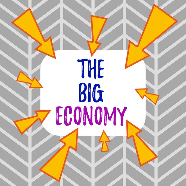 Texto escrito por palavras The Big Economy. Conceito de negócio para finanças globais Comércio mundial Troca de moeda Formato desigual assimétrico formato padrão objeto esboço design multicolorido . — Fotografia de Stock