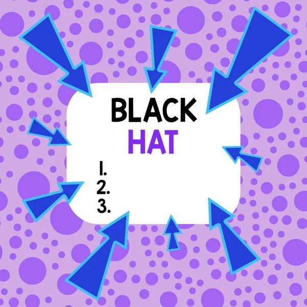 Tekst pisma Black Hat. Pojęcie znaczenie używane w odniesieniu źle demonstrujące zwłaszcza złoczyńcę lub przestępcę Asymetryczny nierównomierny kształt wzoru obiektu zarys obiektu wielobarwny. — Zdjęcie stockowe