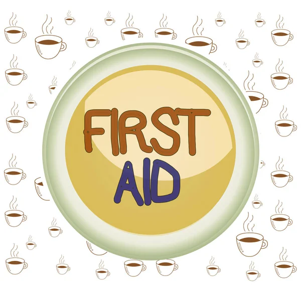 Writing note showing First Aid. Business photo showcasing Practise of healing small cuts that no need for medical training Colored sphere switch center background middle round shaped.