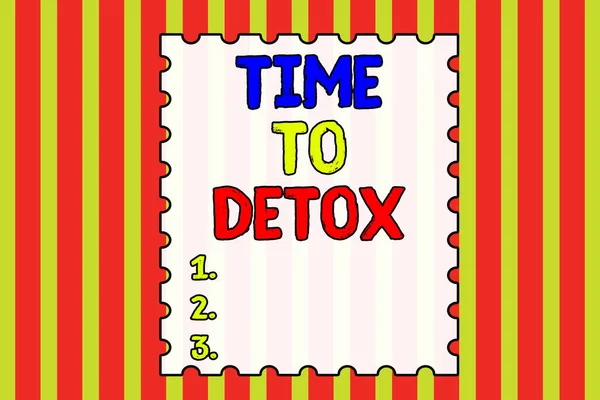 Εννοιολογική γραφή χεριών που δείχνει το Time To Detox. Business photo showcasing Moment for Diet Nutrition health Addiction treatment Καθαρίστε Αφηρημένο φόντο πολύχρωμο τέμνοντας ριγέ μοτίβο. — Φωτογραφία Αρχείου